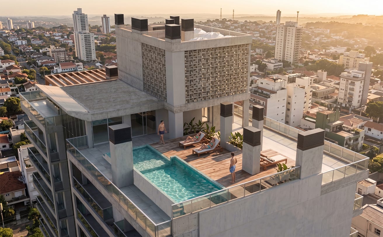 Terraza con piscina y solárium en la azotea de Gran Verona